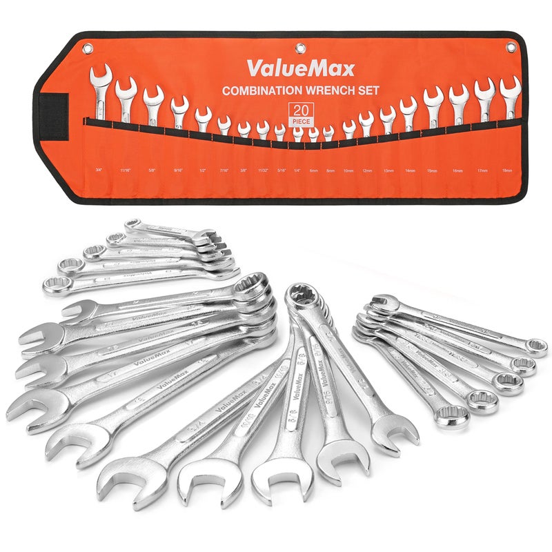 ValueMax Mechanics Wrench Set Metric and Standard  20PCS Complete Combination Wrenches Roll Set. SAE 1/4"" to 3/4""  Metric 6mm to 18mm  Full Wrench Set with Roll up Pouch - Image 1